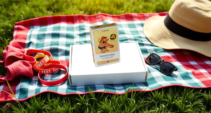 Beachvolleyball Kartenspiel auf einem Festival Campingtisch
